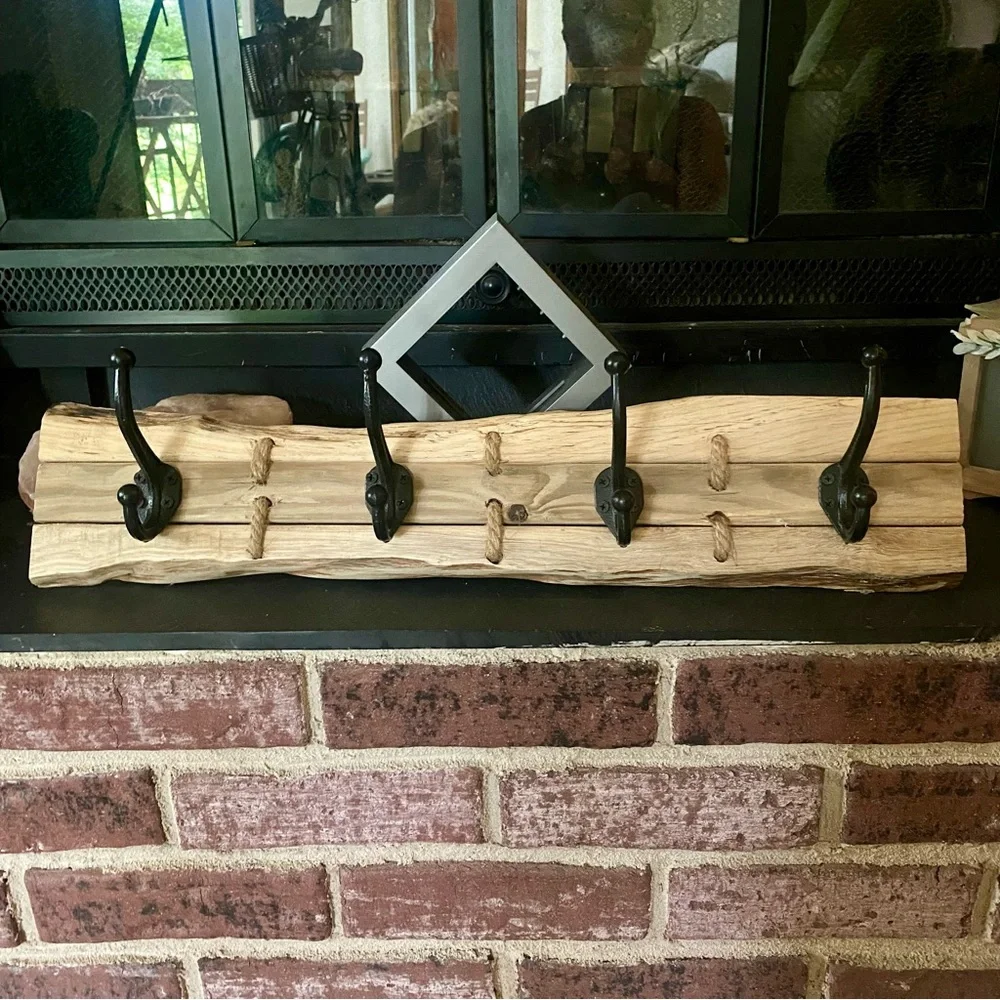 Hand Crafted Natural Live Edge Wood, w/5 Wrought Iron Hooks, & Jute rope.